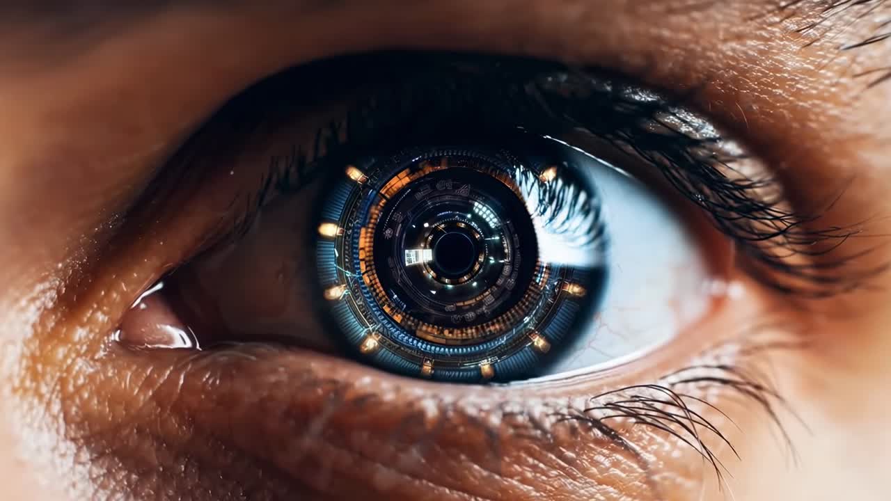 Primo piano di un occhio futuristico con elementi digitali, catturando un tema video fantascientifico.