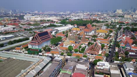aerial estabilshing overview of wat pho, bangkok famous temple complex, home to the reclining buddha and stunning thai architecture
