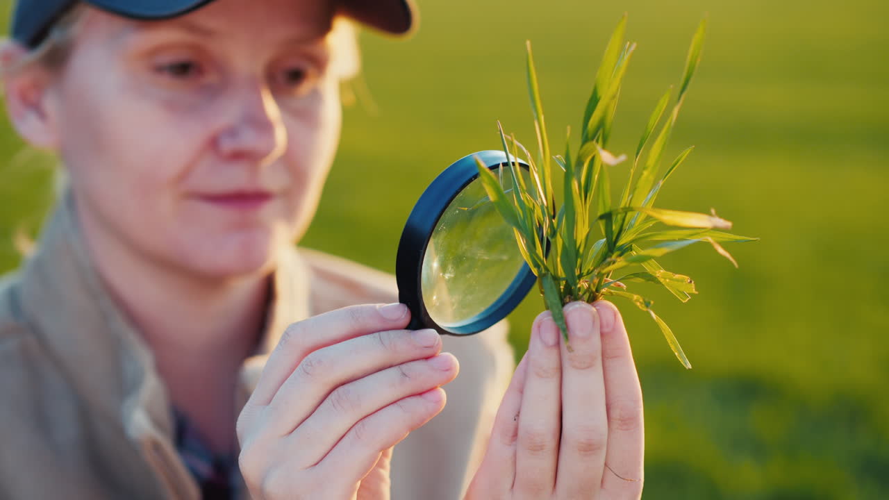 joven agrónoma estudiando brotes en el campo