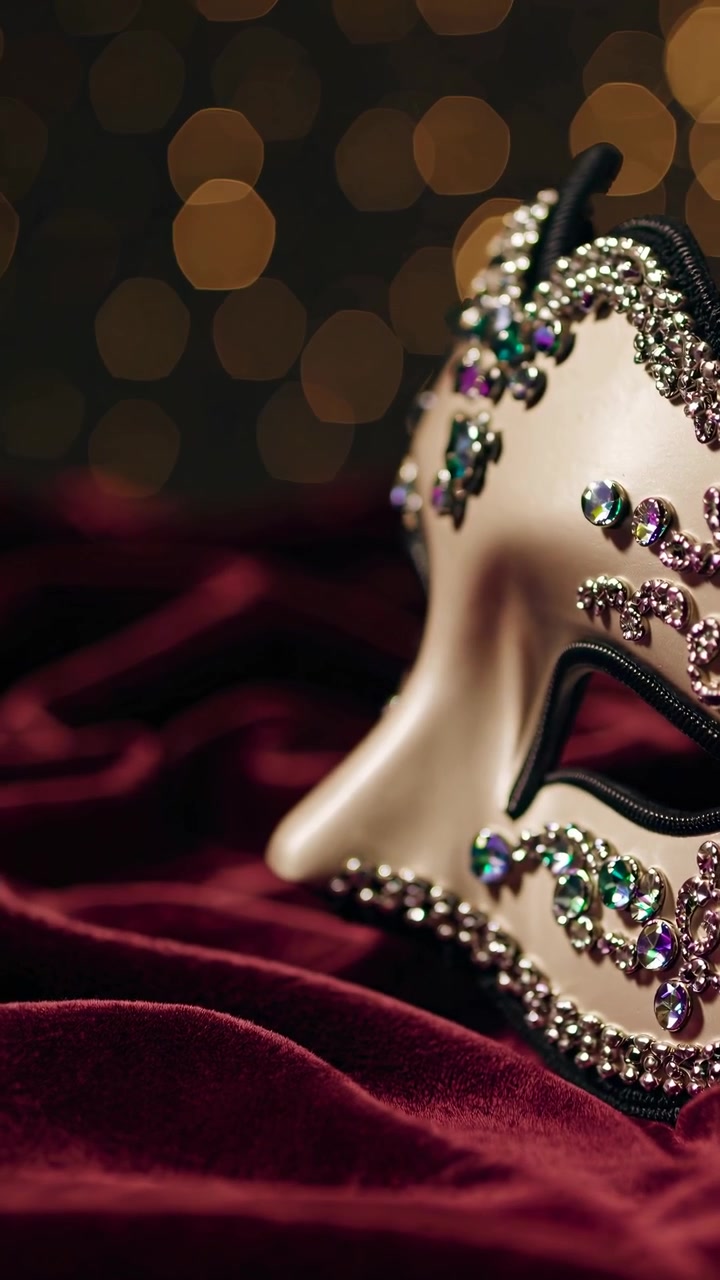 Maschera da carnevale ornata su velluto rosso con luci bokeh