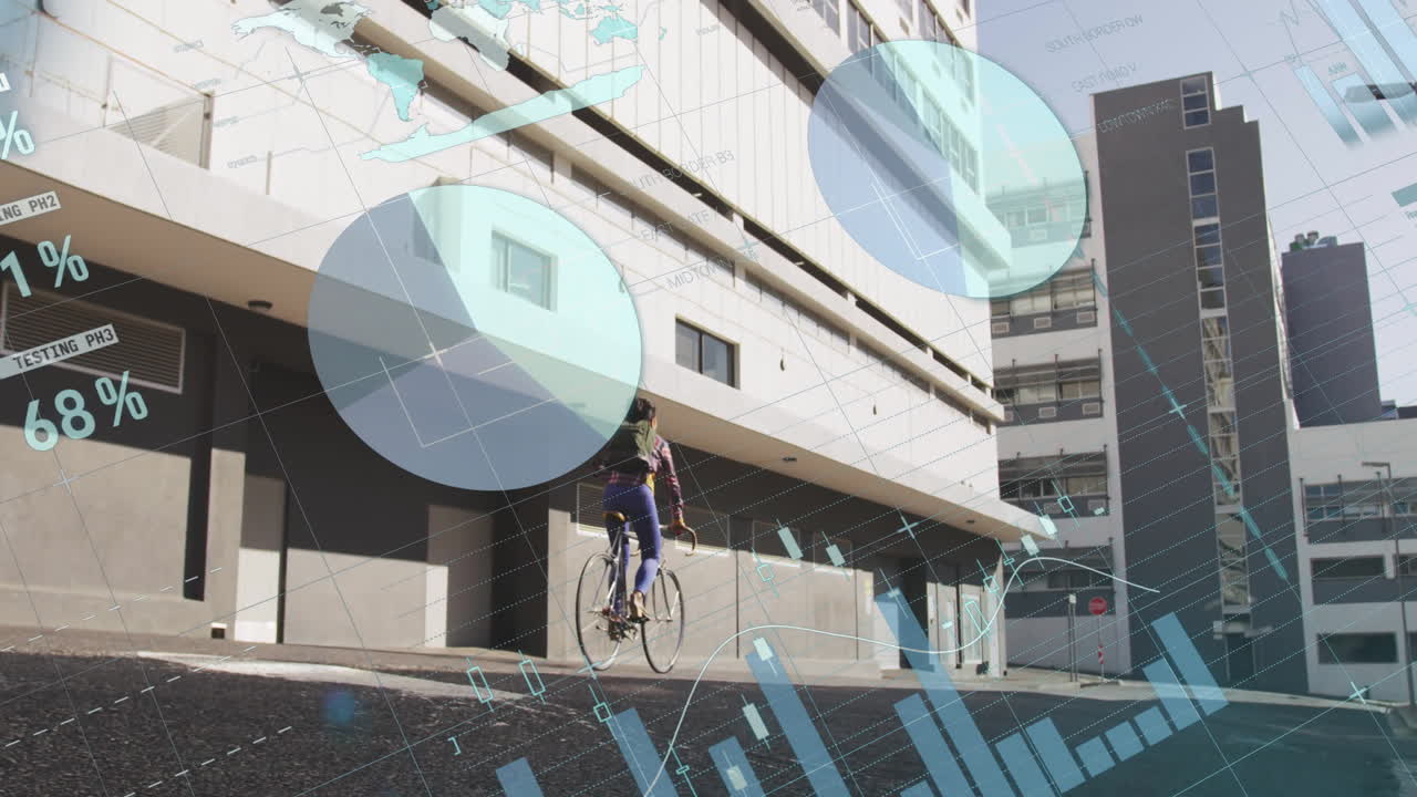 Cyclist riding in urban area with data processing animation overlay