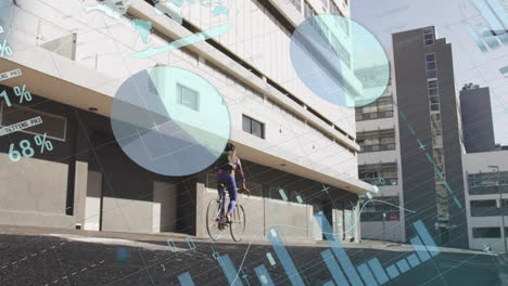 cyclist riding in urban area with data processing animation overlay