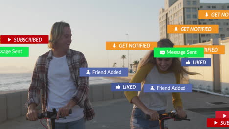 Riding-scooters-near-beach,-friends-receiving-notifications-animation