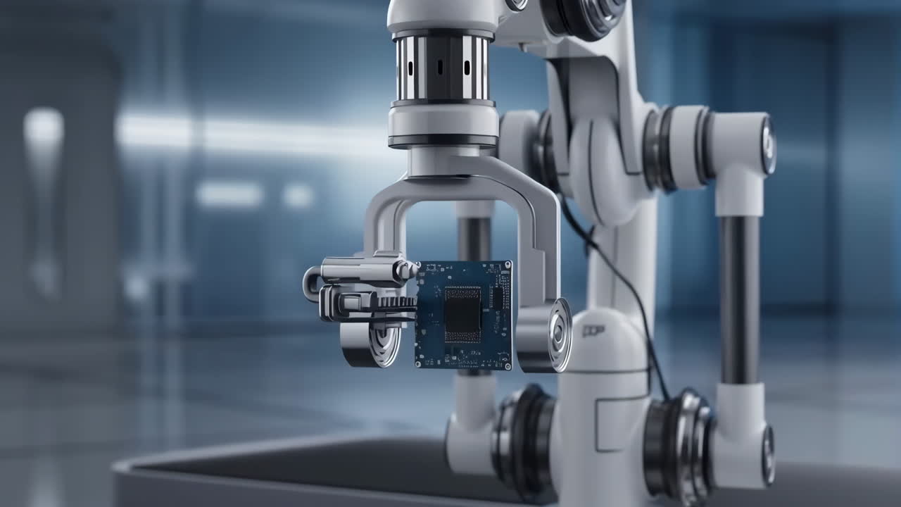 Robotic Arm Holding a Circuit Board in a High-Tech Facility