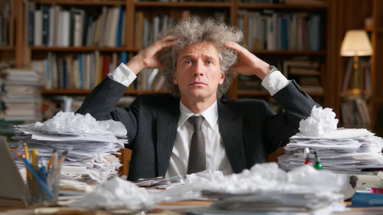Frustrated Office Worker Surrounded by Paperwork and Clutter, Struggling to Manage His Overwhelming Tasks in a Disorganized Workspace