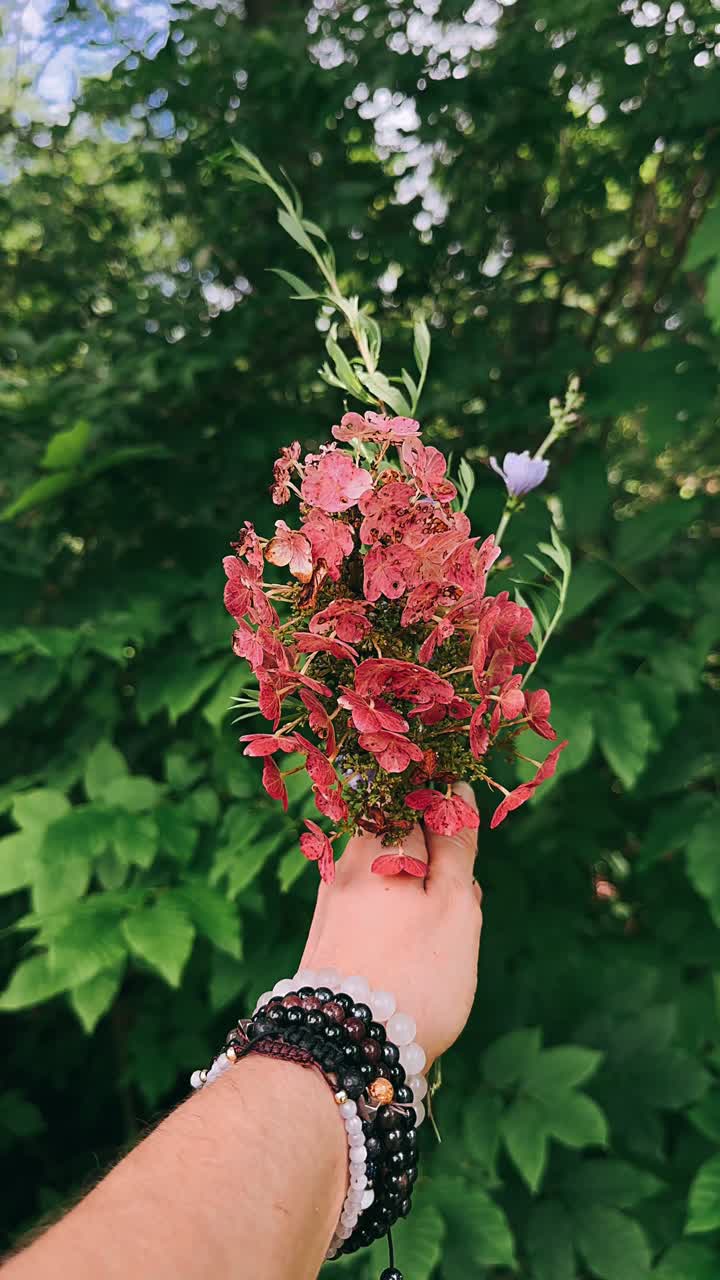 mano sosteniendo un ramo de flores en un jardín