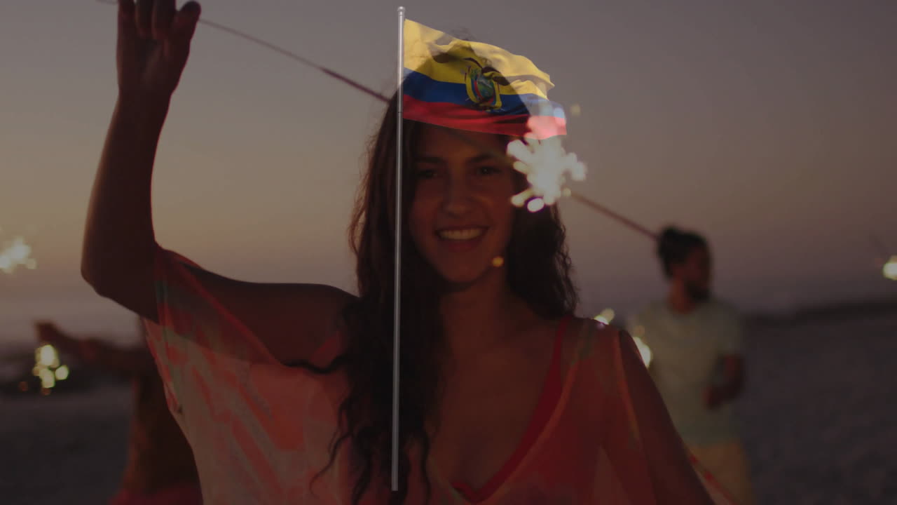 Celebrating with sparklers, woman holding Ecuador flag animation at sunset beach