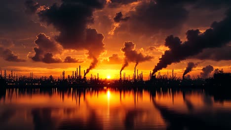 pollution transforms sunset over industrial landscape by water