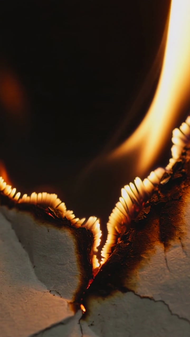 Vertical video: Glowing ember sparking torn paper edge burning on dark backdrop, forming char