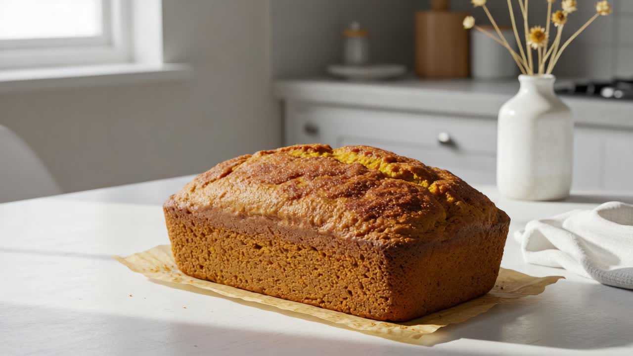 A freshly baked loaf of golden brown bread resting on a parchment paper in a bright, minimalist kitchen, surrounded by soft sunlight and simple decor