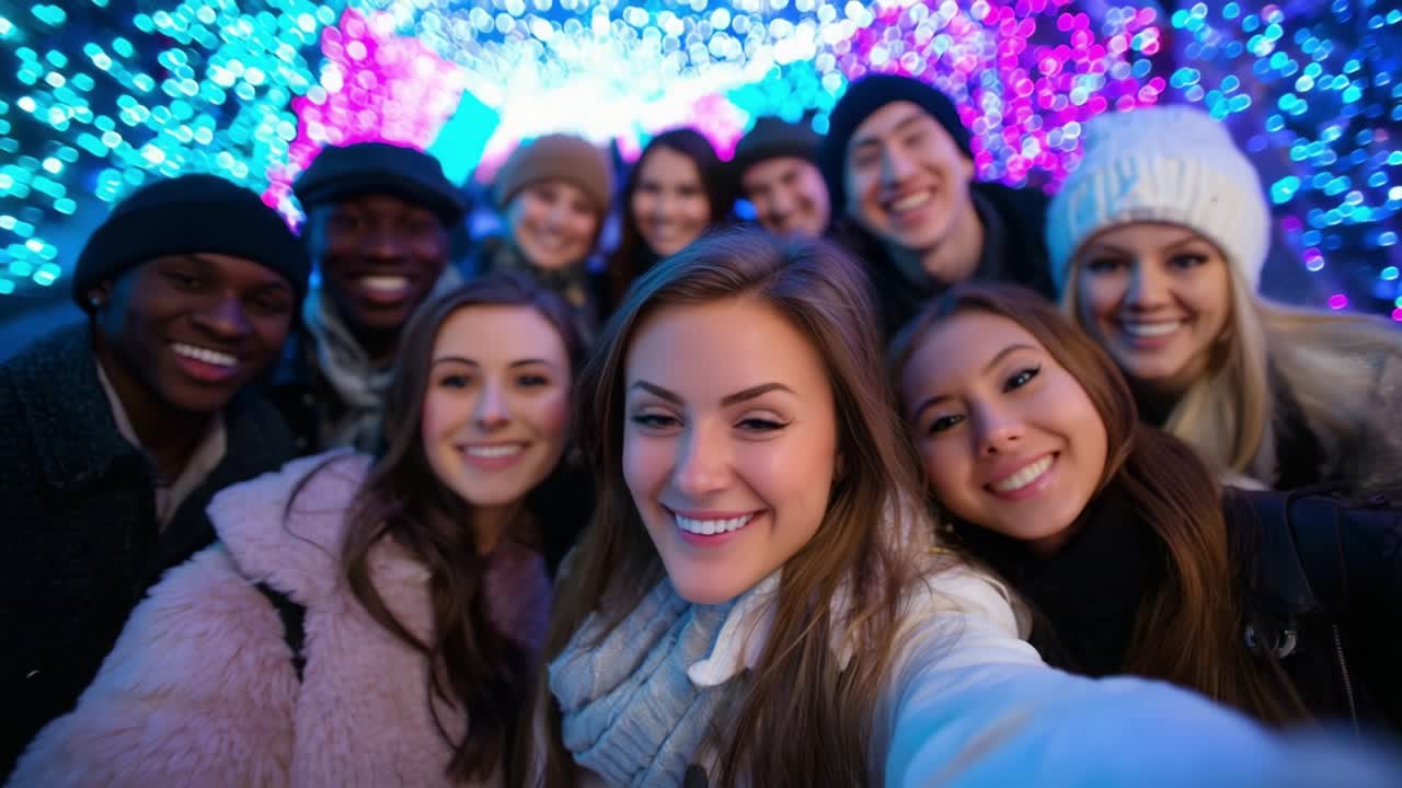 Un allegro selfie di gruppo con amici circondati da luci natalizie scintillanti, che cattura l'essenza della gioia, dello stare insieme e della celebrazione durante una serata di festa piena di risate e allegria