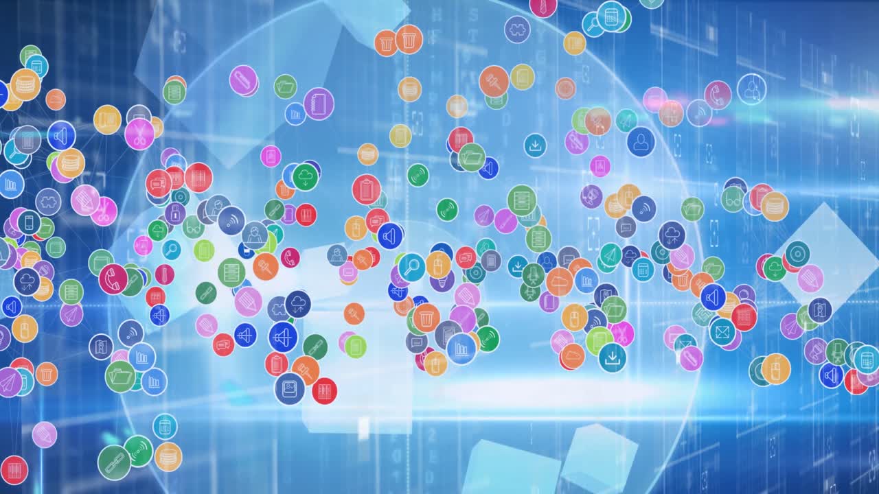 Network of multiple digital icons over light trails and spots of light against blue background
