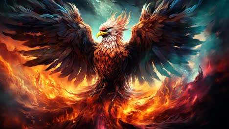 majestic phoenix rising from flames amidst vibrant colors and smoke
