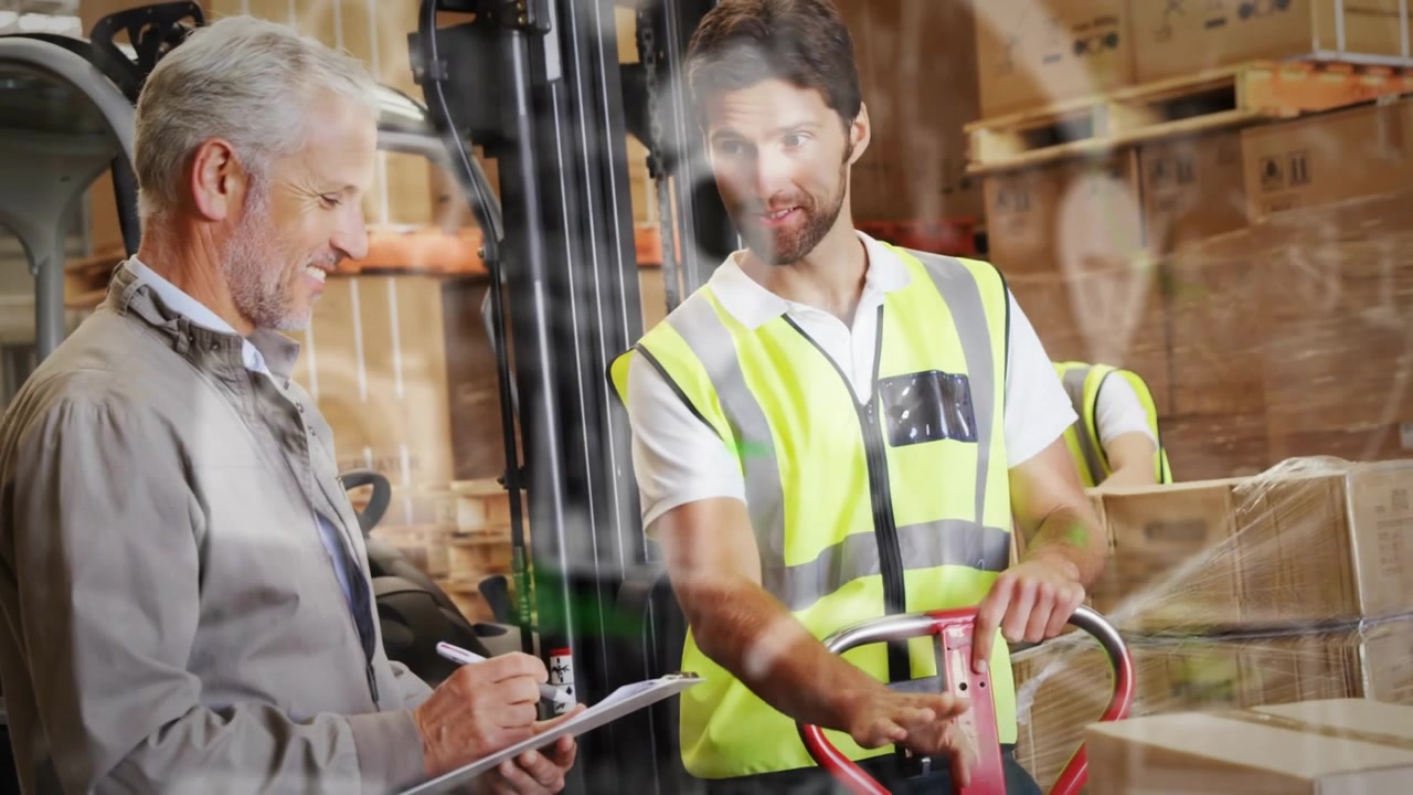 Senior starting logistics check, worker steadying pallet truck and pointing boxes, overlay crossing