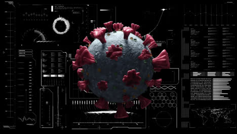 digital animation of covid-19 cell over digital interface with data processing on black background