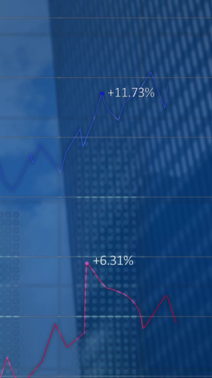 Animazione di elaborazione dati finanziari su un moderno edificio per uffici.