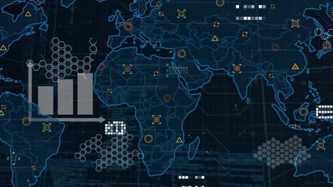 Procesamiento-De-Datos-A-Través-De-La-Red-Grid-Contra-El-Mapa-Mundial-Sobre-Fondo-Azul