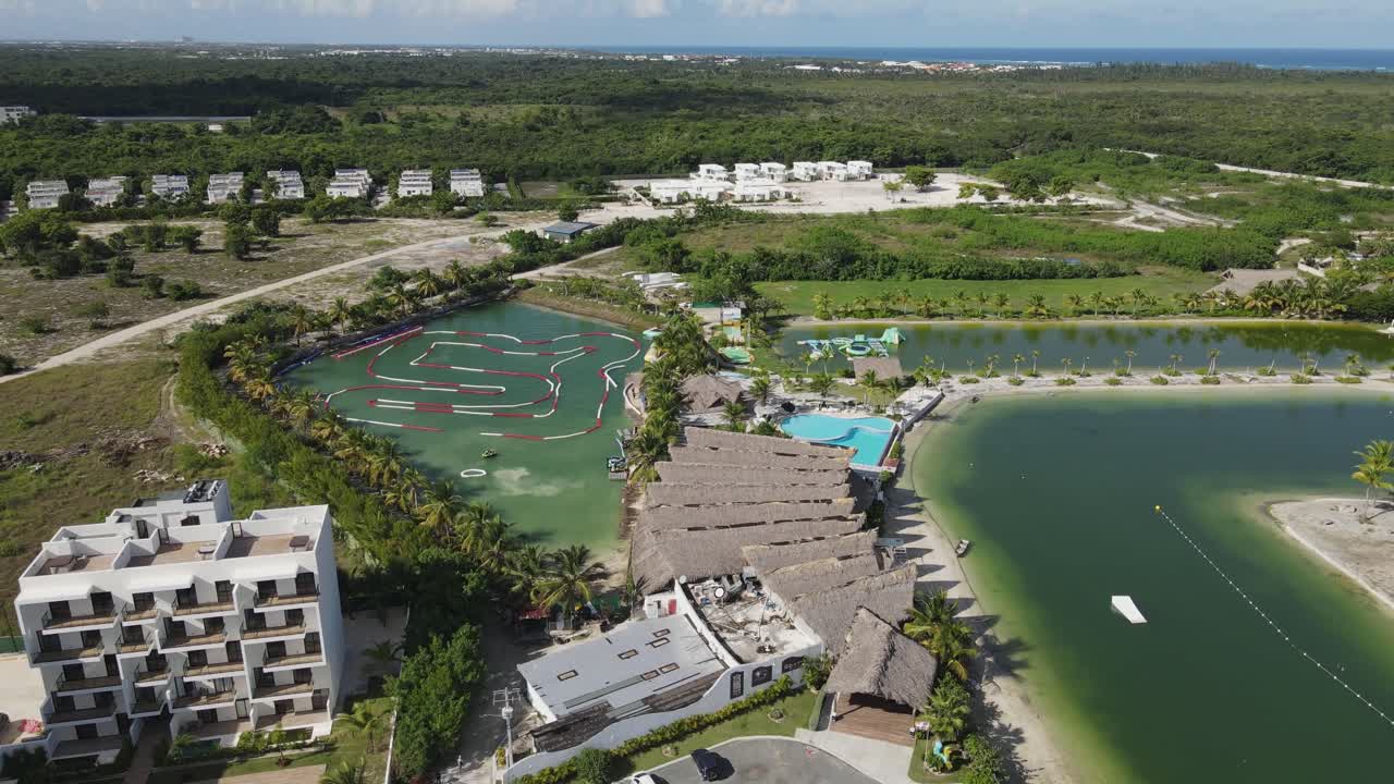 Aerial view of Caribbean Lake Park with water attractions, Punta Cana, Dominican Republic