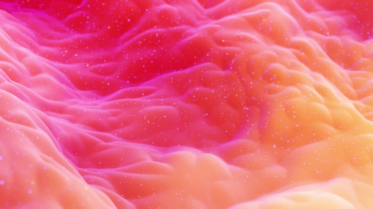 Schöne abstrakte 3D-Oberfläche mit Glitzerpartikeln, extrudierte oder versetzte Wellen verwandeln sich in einer Schleife. Rot-Gelb-Farbverlauf, weiches mattes Material wie sich wandelnde Süße mit leichtem inneren Glühen