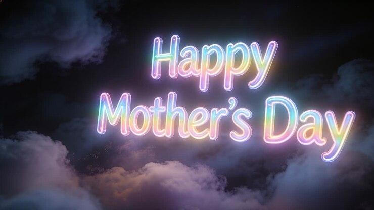 Playback starting, neon Happy Mother's Day text brightening pulsing lighting clouds for greeting