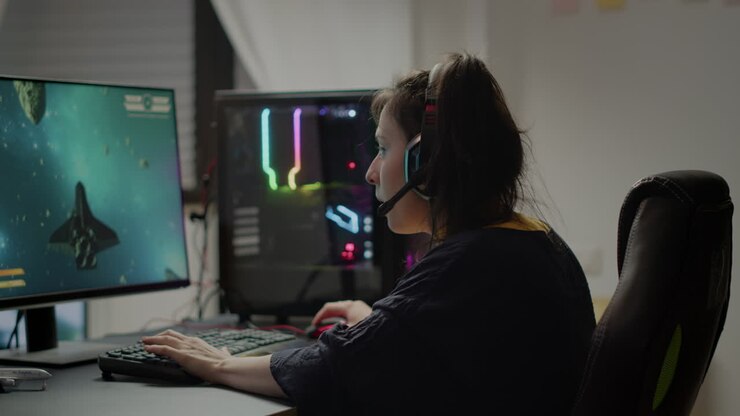 Giocatrice professionista con le cuffie che gioca online a videogiochi sparatutto spaziali