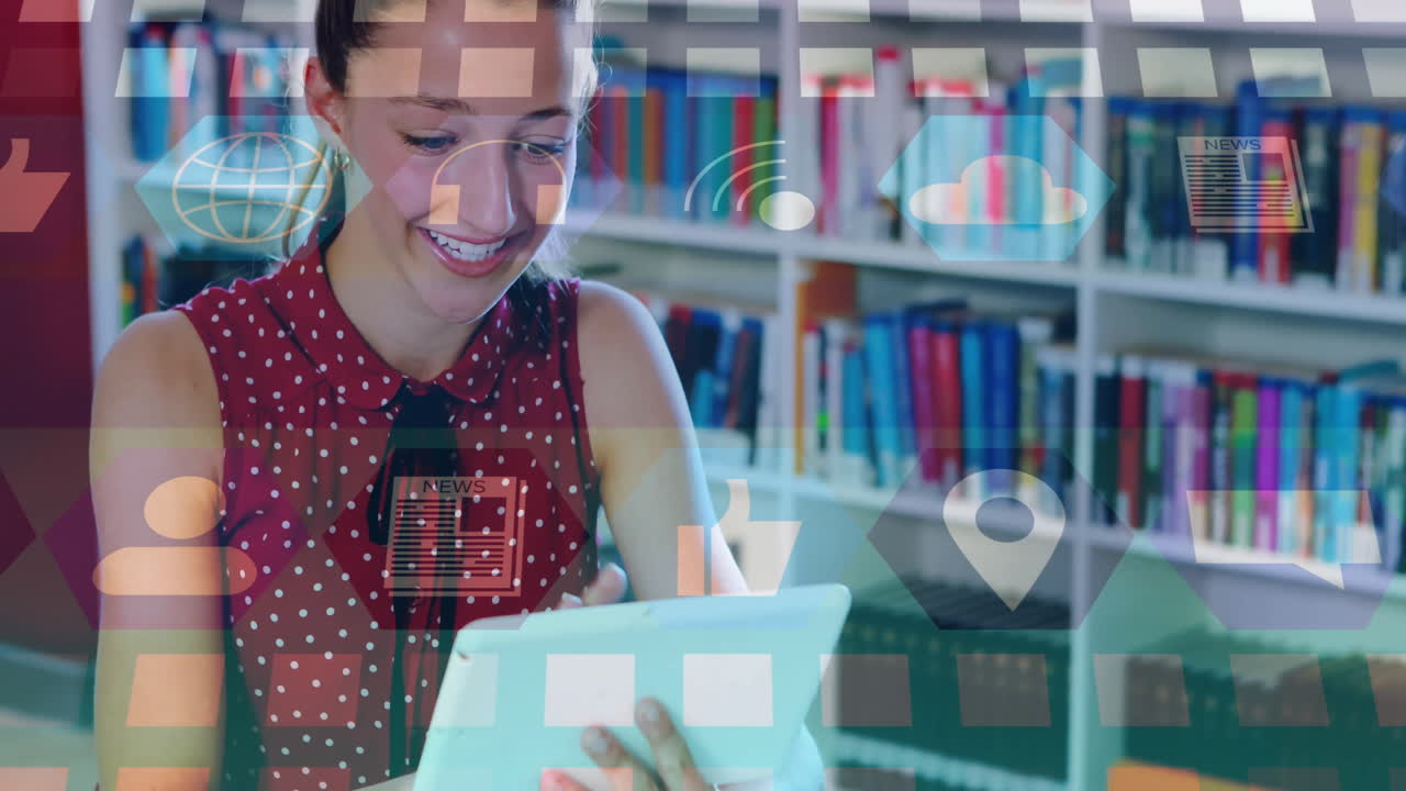 Teenage girl exploring online learning on tablet in library showing floating globe and Wi?Fi icons