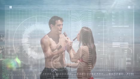 해변에서 아이스크림을 먹는 행복한 백인 커플에 대한 데이터 처리 애니메이션
