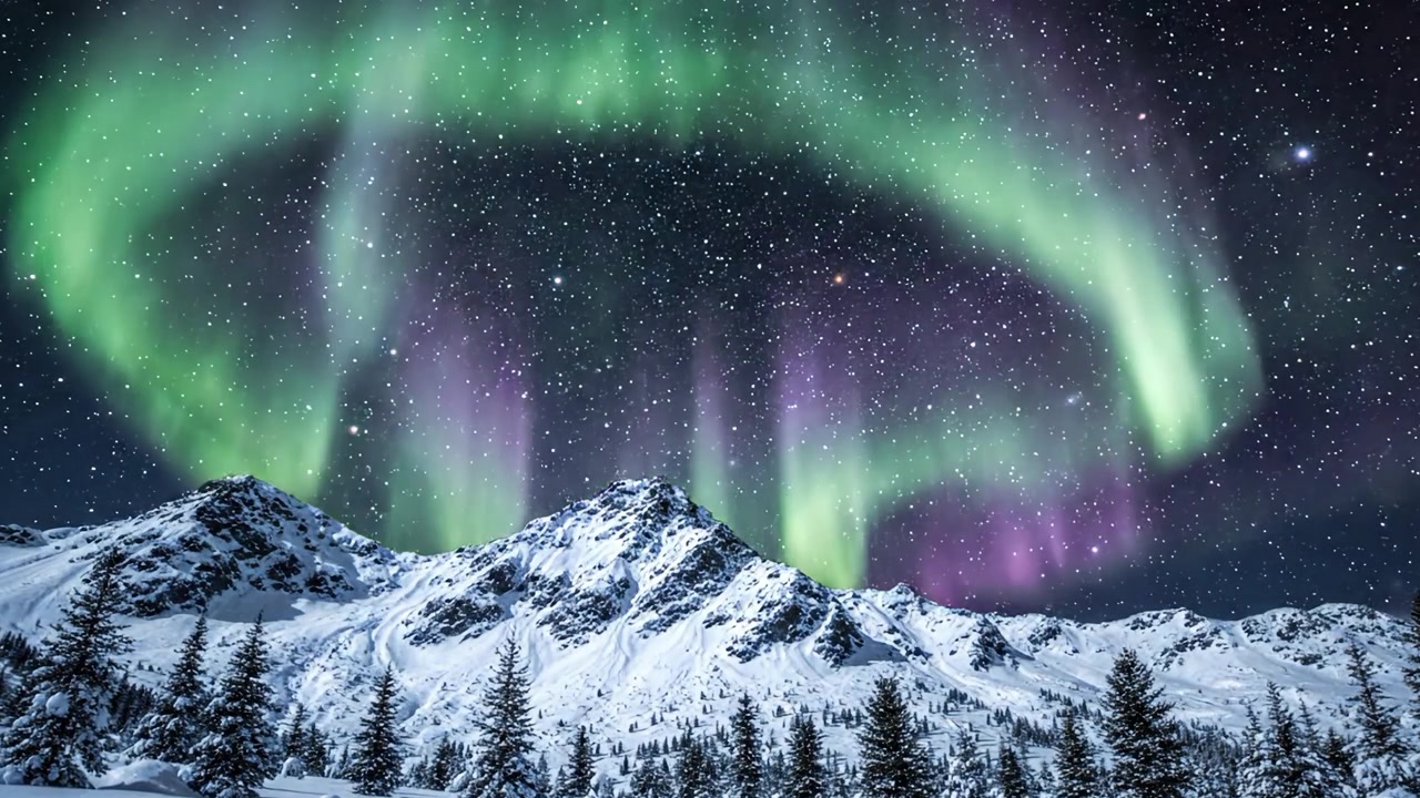 Un'aurora boreale mozzafiato illumina montagne innevate sotto un cielo stellato, creando uno splendido spettacolo di luci naturali nella natura selvaggia artica.