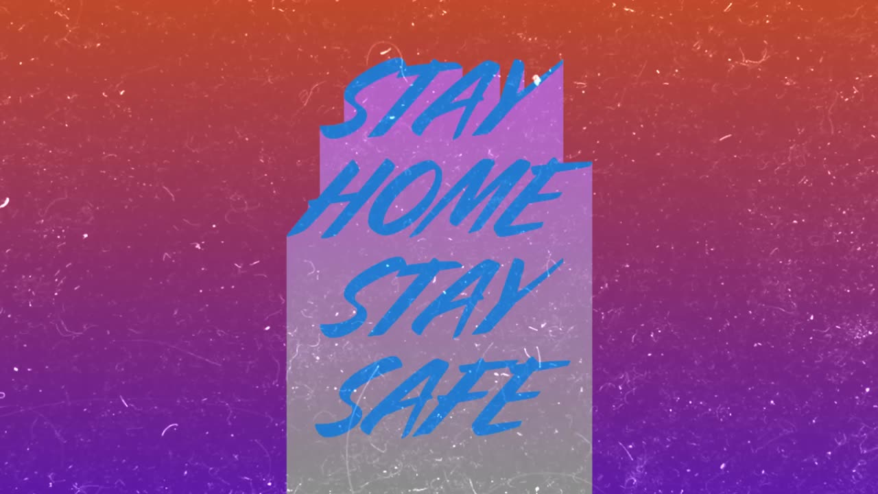 animación de las palabras quedarse en casa estar a salvo escrito en letras azules y púrpuras sobre un fondo colorido