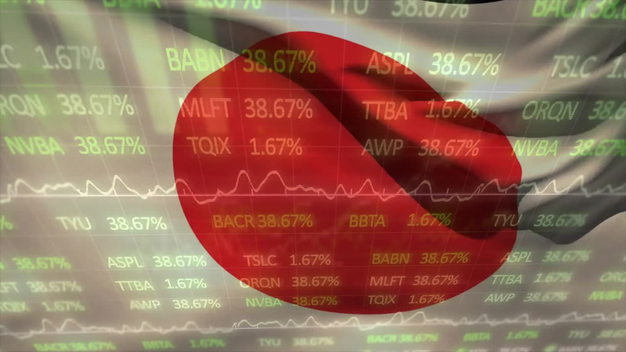 Cakram bendera Jepang mengambang di atas kisi keuangan, menganimasikan ticker dan garis tren dalam desain datar