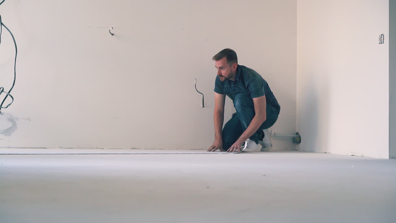 hombre con papel tapiz se sienta en el suelo y la mujer camina en la habitación