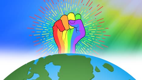 Animation-of-rainbow-fist-over-globe-on-rainbow-background