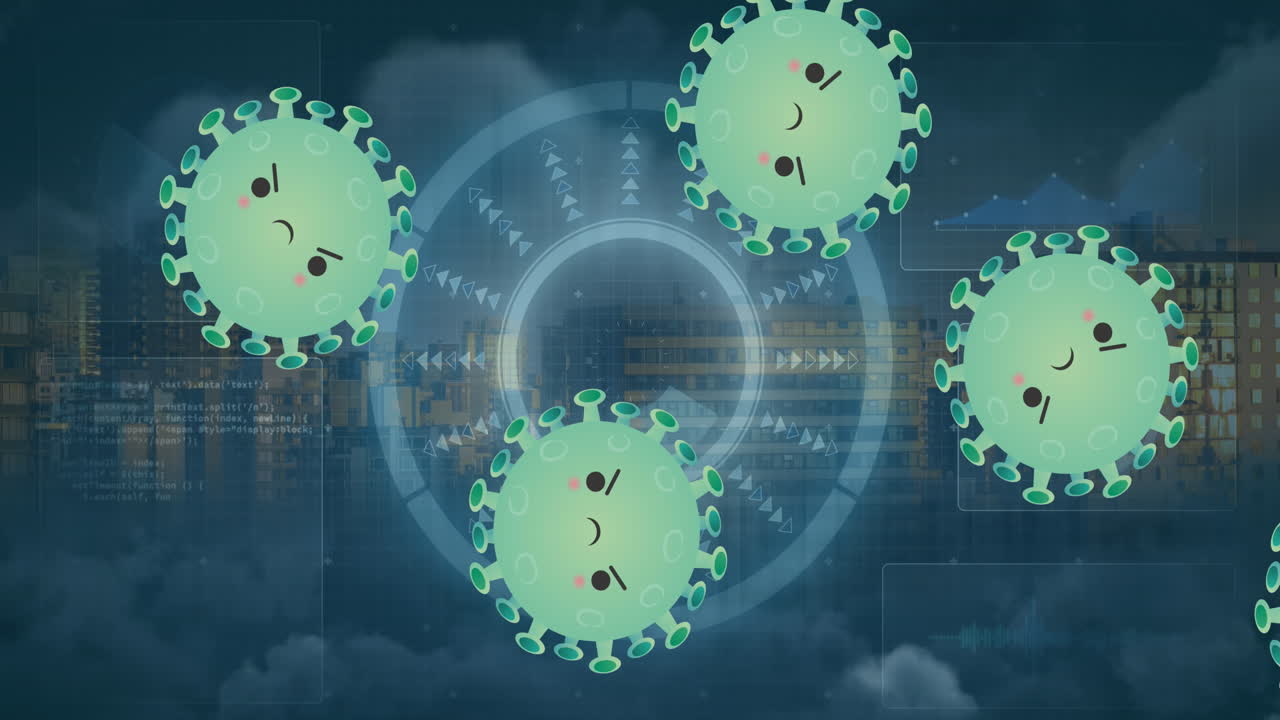코로나 19 세포의 애니메이션과 도시 풍경의 범위