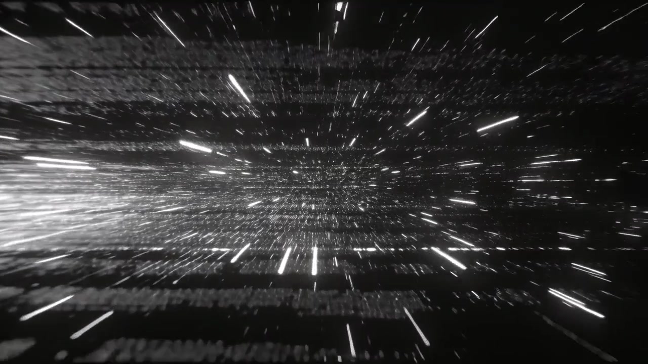 Opening particle field shifting toward vanishing point in gray tunnel, with long streaks and bands
