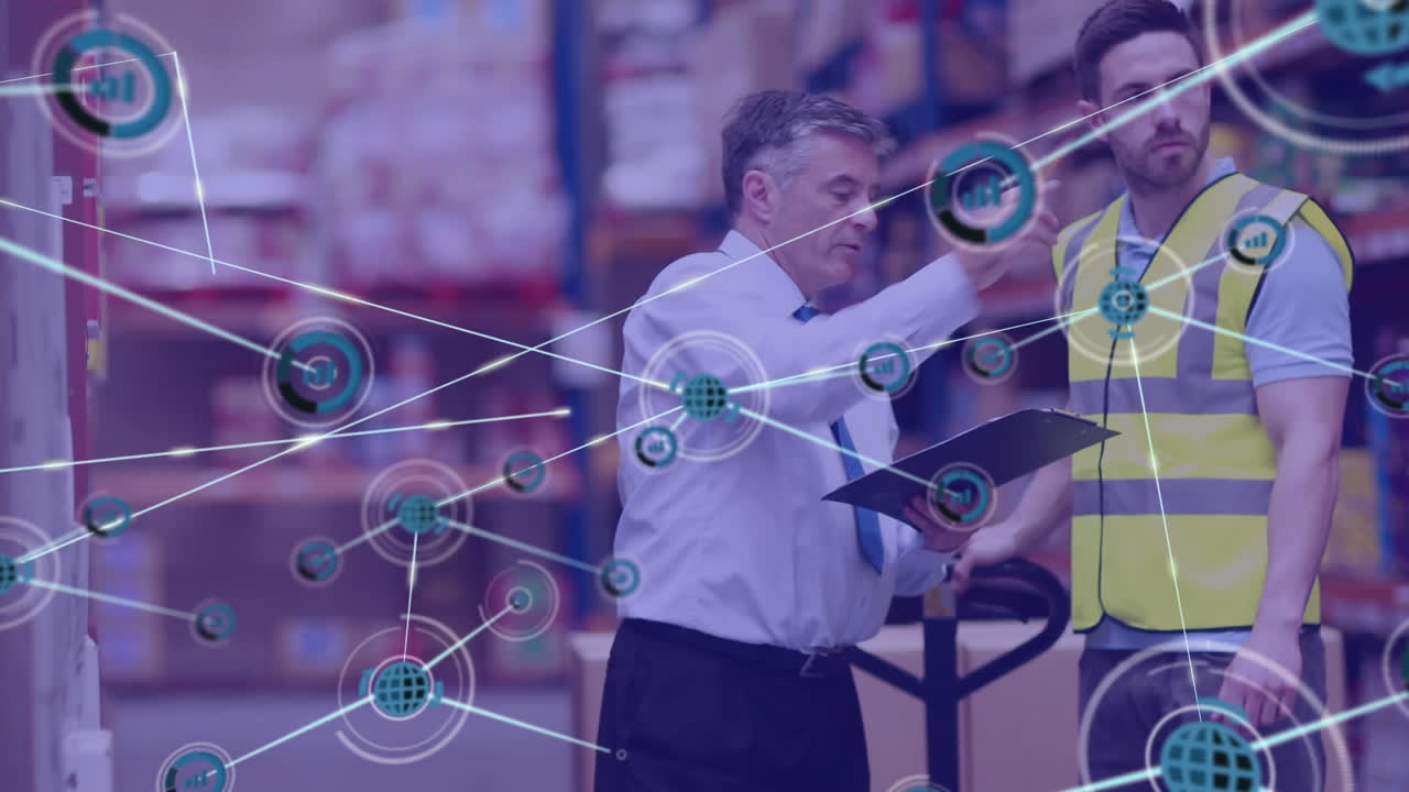 Animation of network of icons over caucasian male supervisor and worker discussing at warehouse