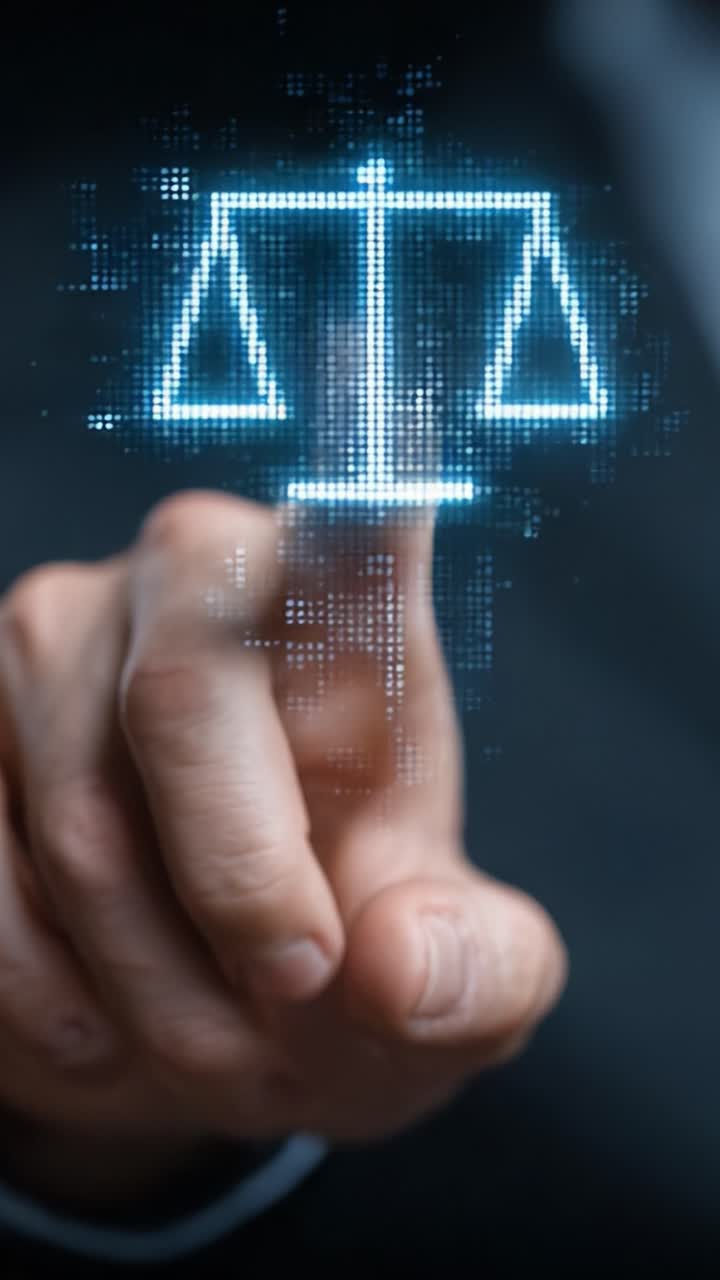 Una persona interagisce con un'interfaccia digitale che mostra un simbolo della bilancia della giustizia, che rappresenta la legge, l'equità e la tecnologia nella giurisprudenza moderna