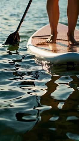 low-angle video of a person paddleboarding on calm water, focusing on their legs and the board