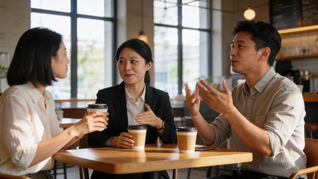 ชายคนขวากำลังเริ่มพูดคุยในร้านกาแฟเพื่อประชุม โดยมีคนที่อยู่ตรงกลางสวมเสื้อเบลเซอร์สีดำกำลังถือแก้วกระดาษ