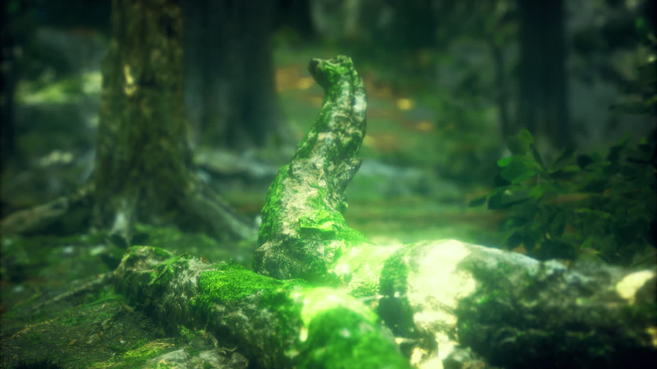 Natures artistry revealed in a moss covered log under the forest canopy