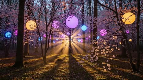 a magical forest scene with illuminated spheres hanging among cherry blossoms at sunset creating an enchanting atmosphere with rays of light streaming through the trees
