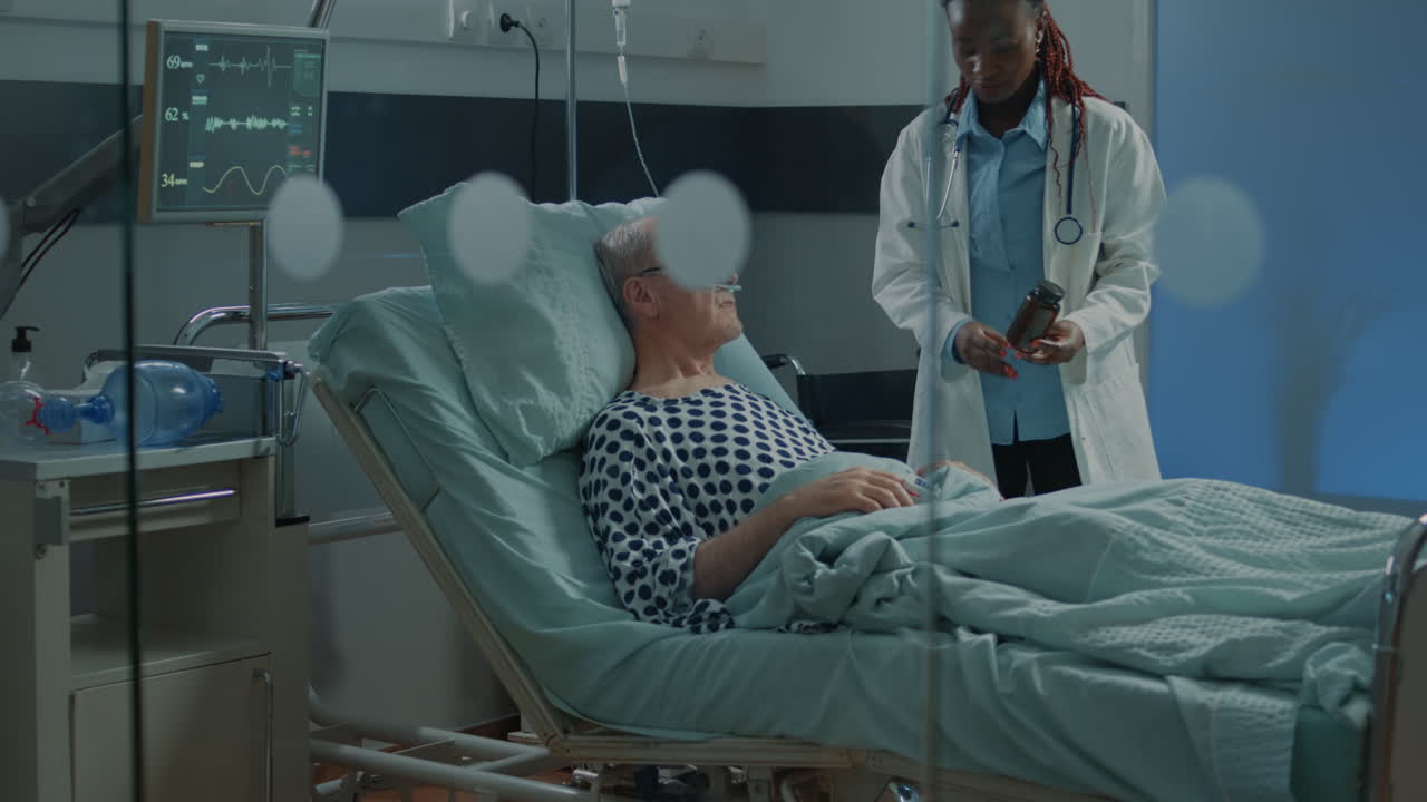 Sick patient laying in hospital ward bed at facility