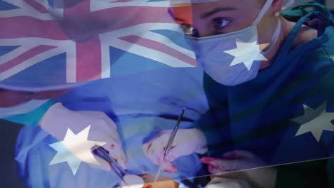 Animation-of-flag-of-australia-over-surgeons-in-operating-theatre