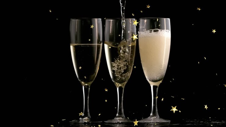 Animazione di stelle che fluttuano su bicchieri di champagne su sfondo nero