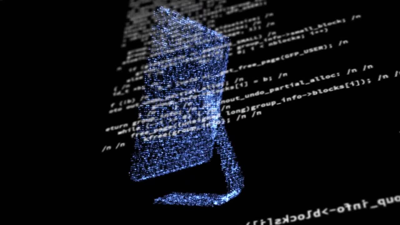 Digital animation of data processing against particles forming desktop computer icon spinning on bla