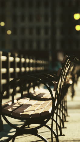 empty benches line a waterfront pathway during early morning light