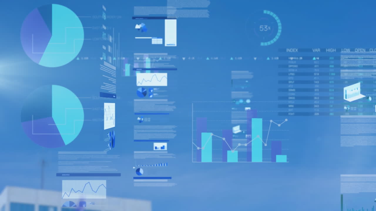 Animation of financial data processing over blue sky