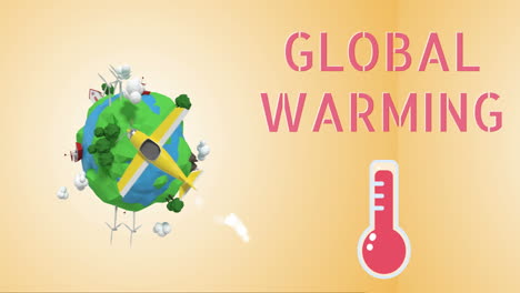 global warming text and thermometer icon against spinning globe and plane on orange background