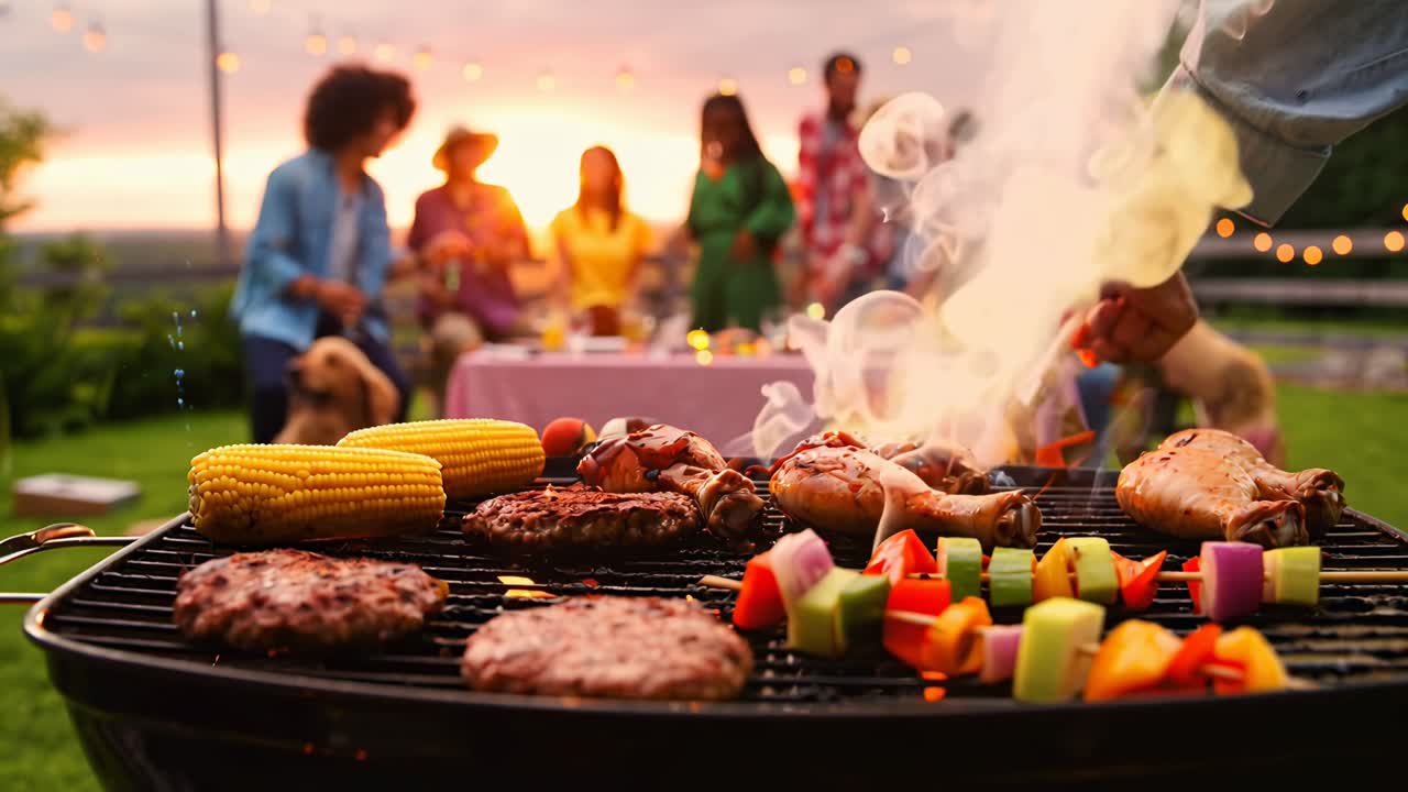 Una ripresa video vivace e dal basso di una festa barbecue al tramonto, con amici sullo sfondo.