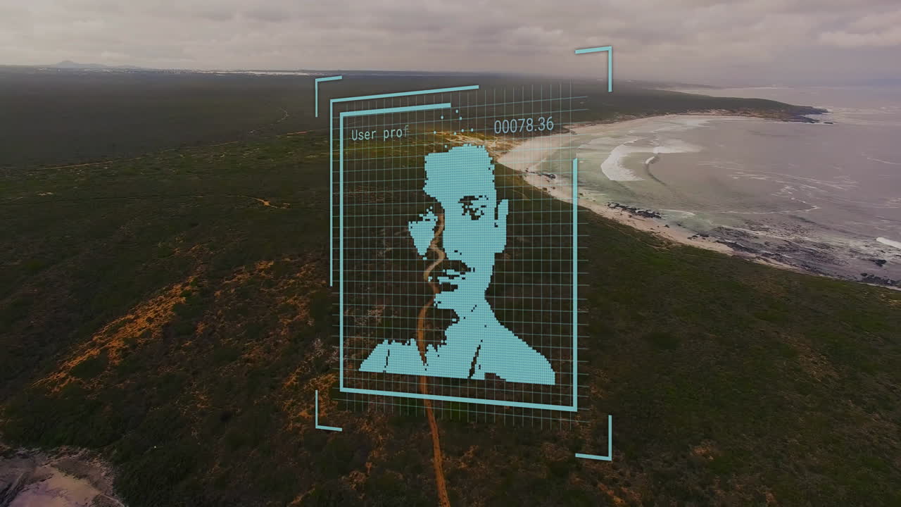 animación de la imagen de perfil digital sobre vista aérea de las montañas y el mar contra el cielo