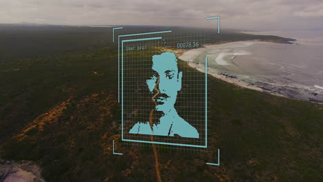 animation of digital profile picture over aerial view of mountains and sea against sky